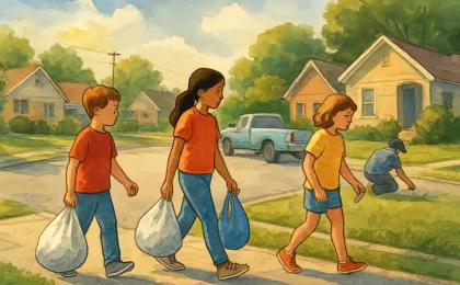 Children collecting litter along a small town street during an afternoon cleanup