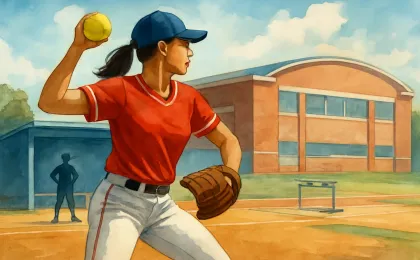 Illustration of a softball player preparing to play, with track and field elements in the background.