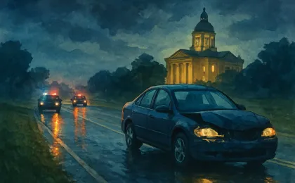 A nighttime roadside scene near a damaged car, with distant law-enforcement vehicles and a courthouse-like backdrop.