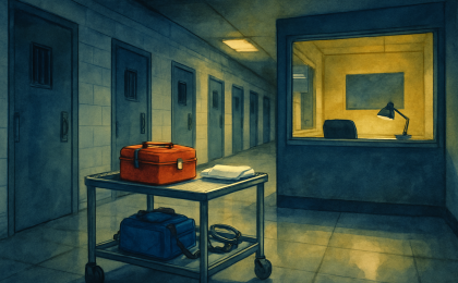 Illustration showing a prison cell block at night with implied emergency response equipment and an investigation mood.
