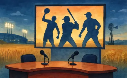 A sports studio illustration with a broadcast desk and screens showing basketball and baseball action silhouettes.