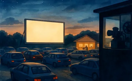 Cars parked at an outdoor drive-in under a night sky, facing a large glowing screen with a nearby projection booth silhouette.