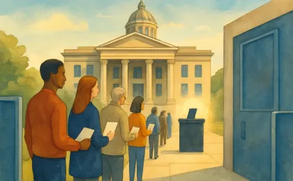 Illustration of people approaching a courthouse and a ballot box silhouette in the distance, with subtle barriers suggesting tightened voting access.