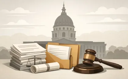 Illustration of a capitol building, legal papers and a gavel representing proposed legislation.