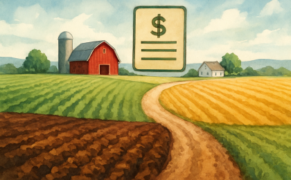 Illustration showing soil quality and farm productivity connected through regenerative management choices on a Kansas farm landscape.