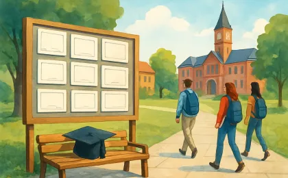 Illustration of students on a campus walkway with award certificates and a graduation cap symbolizing honor roll recognition.