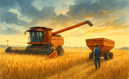 A combine harvester moves through a golden wheat field as weather clears over the Kansas plains.
