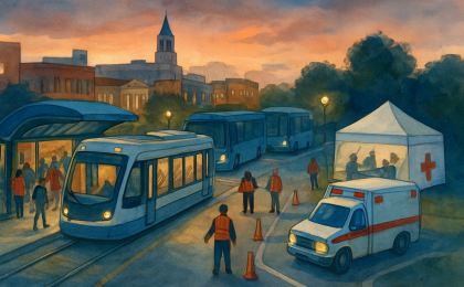 A crowded evening fan district with a streetcar in motion, buses waiting in traffic, and an ambulance route leading to a medical tent area.