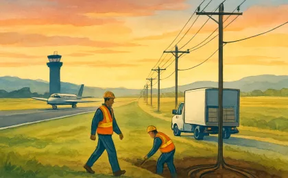 Illustration depicting airport infrastructure and electric grid improvements across Kansas with utility upgrades and workers at dusk.