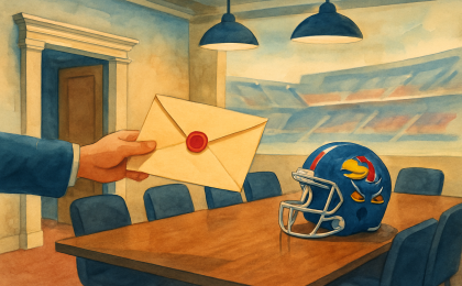 Envelope delivery from a government office to a conference boardroom with a football helmet symbolizing eligibility review.