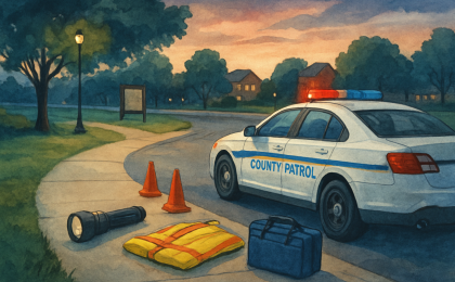 Illustration of patrol vehicle lighting a park walkway while investigators stage equipment nearby