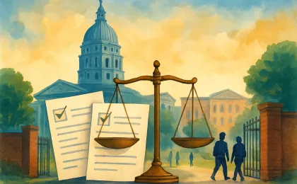A Kansas capitol silhouette behind legal scales and paperwork, with student silhouettes heading toward a college courtyard.