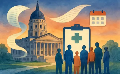 An editorial scene of a Kansas capitol building with abstract healthcare and document imagery representing nursing board appointments