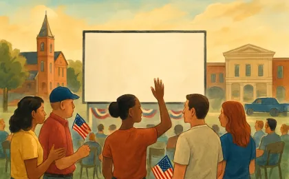 People gathered outdoors in a town square for a civic freedom celebration, symbolizing dialogue and civil rights progress.