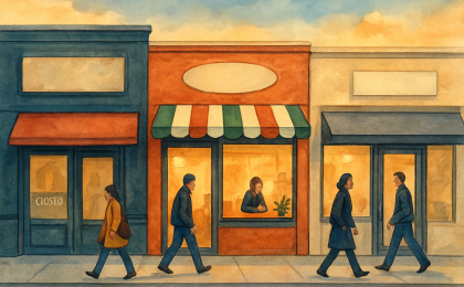 Street-level illustration of Lawrence storefronts with a closing eatery, an Italian dining opening feel, a downtown coffee shop, and a thrift store arrival