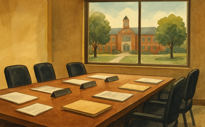 An illustrated school board meeting room with papers and folders awaiting administrator reports