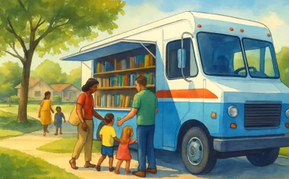 A community bookmobile at a park with families and children preparing to pick up free books for summer reading