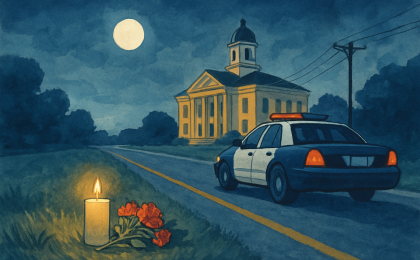 An illustration of a nighttime roadside memorial with a courthouse in the background.