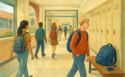 A quiet school hallway scene showing students during a passing period with personal devices stored away from view.