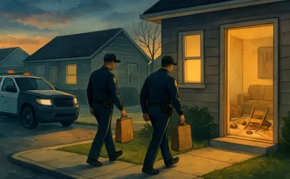 Illustration of a residential front door and a police vehicle near a Kansas City home after a fatal shooting.