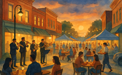 A warm-lit downtown street scene with an outdoor brass group, diners, and vendor stalls during a midsummer evening event.
