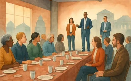 Illustration of a community banquet with speakers on a small stage and local leaders seated at tables