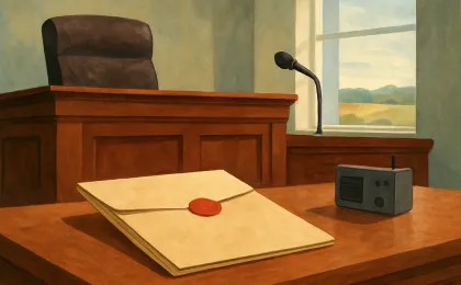 An artist-style courthouse scene with legal papers and a radio, reflecting a courtroom gag order dispute