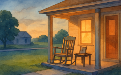 Symbolic evening memorial scene outside a home with a framed photo and quiet porch atmosphere.