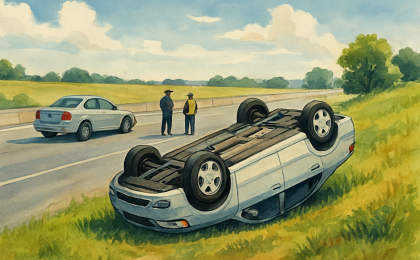 Overturned car on a highway shoulder with investigators’ presence suggested near a grassy hillside