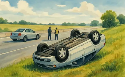Overturned car on a highway shoulder with investigators’ presence suggested near a grassy hillside