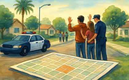 An editorial illustration of a suburban neighborhood search scene with police activity and community members looking for two missing teenagers