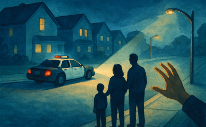 A symbolic illustration of police searching near a residential street with a flashlight beam and people asking for tips.
