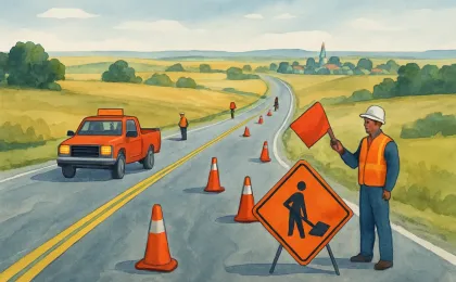 Illustration showing a rural highway work zone with one-lane traffic control and cones guiding vehicles past construction.