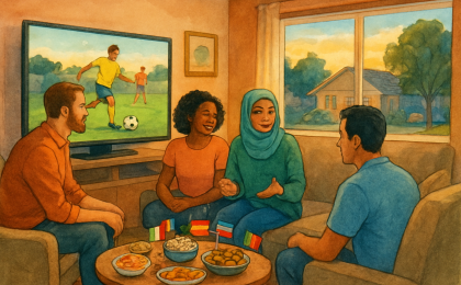 A diverse group of international au pairs watching a soccer match together in a welcoming home setting.