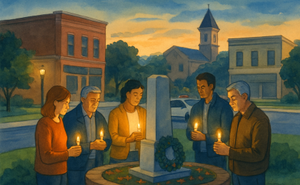 Community members gather at a town square memorial with candles and a patrol car in the background.