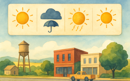 Illustration of a week-long weather timeline moving from cooler conditions to weekend heat and upcoming rain.