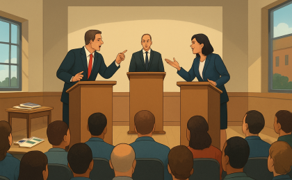 A staged political debate scene with opposing podiums, a moderator stand, and an attentive audience in a community-hall setting.