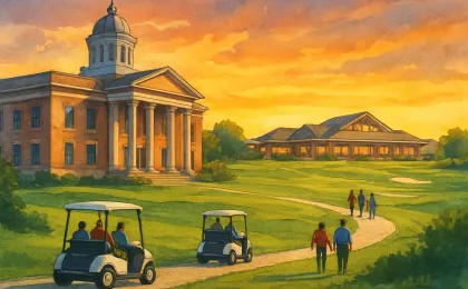 Reno County courthouse scene overlooking a future destination golf resort landscape with visitors and golf carts