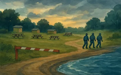 Illustration of an evacuated lakeside campground near a rising lake with responders relocating people away from the shoreline