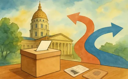 Kansas ballot box scene with election-law symbolism and a clear sense of choosing to remain on the ballot.