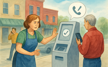 A Salina-style cashier prevents a customer from using an outdoor payment kiosk connected to a phone scam