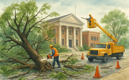 Workers clearing storm-damaged trees near city property with cleanup equipment and fallen branches.