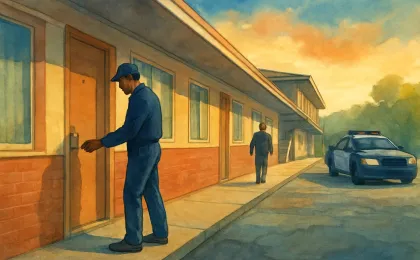 Artist’s illustration of a motel entrance with maintenance workers and arriving police after a gun-related incident