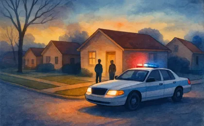 Illustration of a dusk residential street with a patrol car suggesting a custody arrest after alleged threats