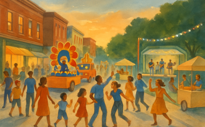 A community parade and park celebration scene with dancing crowds, music, and vendor stalls under colorful evening lights.