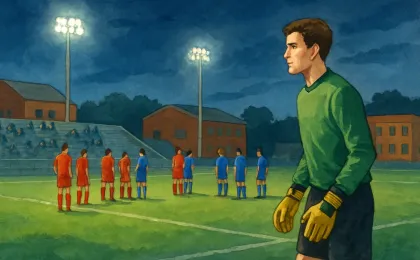 An editorial soccer illustration showing a men’s team facing a championship match under campus stadium lights.