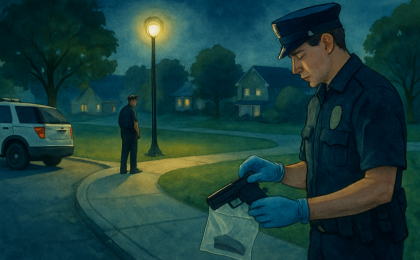 Nighttime illustration showing police activity at a park edge with responders securing evidence during an investigation