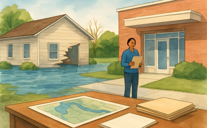 Illustration of floodplain repair paperwork and a damaged home near a boundary map