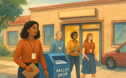 Illustration of community members volunteering at a county election office with a ballot drop box in view