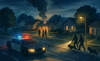 Police lights, emergency responders, and a residential search scene at night